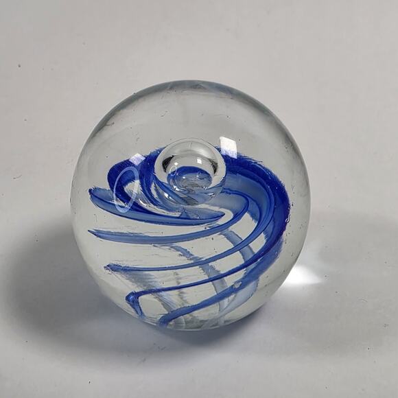 Art Glass Paperweight In Clear with Blue Swirls unsigned desk decretive piece - Picture 3 of 9